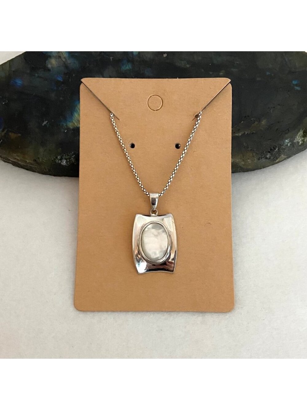 Sterling Silver 925 White Mother Of Pearl Pendant Necklace 17" Popcorn Chain